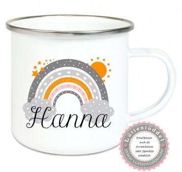 ♥ Becher Tasse Emaillebecher Regenbogen Sterne Sonne Wolken Einschulung KITA Wunschname, Dankeschön, Geburtstag, Abschied, Jubiläum, Geschenk, Kommunion, Firmung Konfirmation, Becher von Lüttentüddel